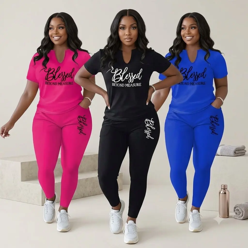 Women's Plus Size 2-Piece Solid Color Loungewear Set, V-Neck Short Sleeve Top and Leggings for Casual Wear Fit Light