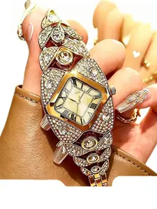 Luxurious Full Diamond Bracelet, Women's Fashion Stainless Steel Quartz Watch, Waterproof Elegant Gift for Wife, Shiny Jewelry