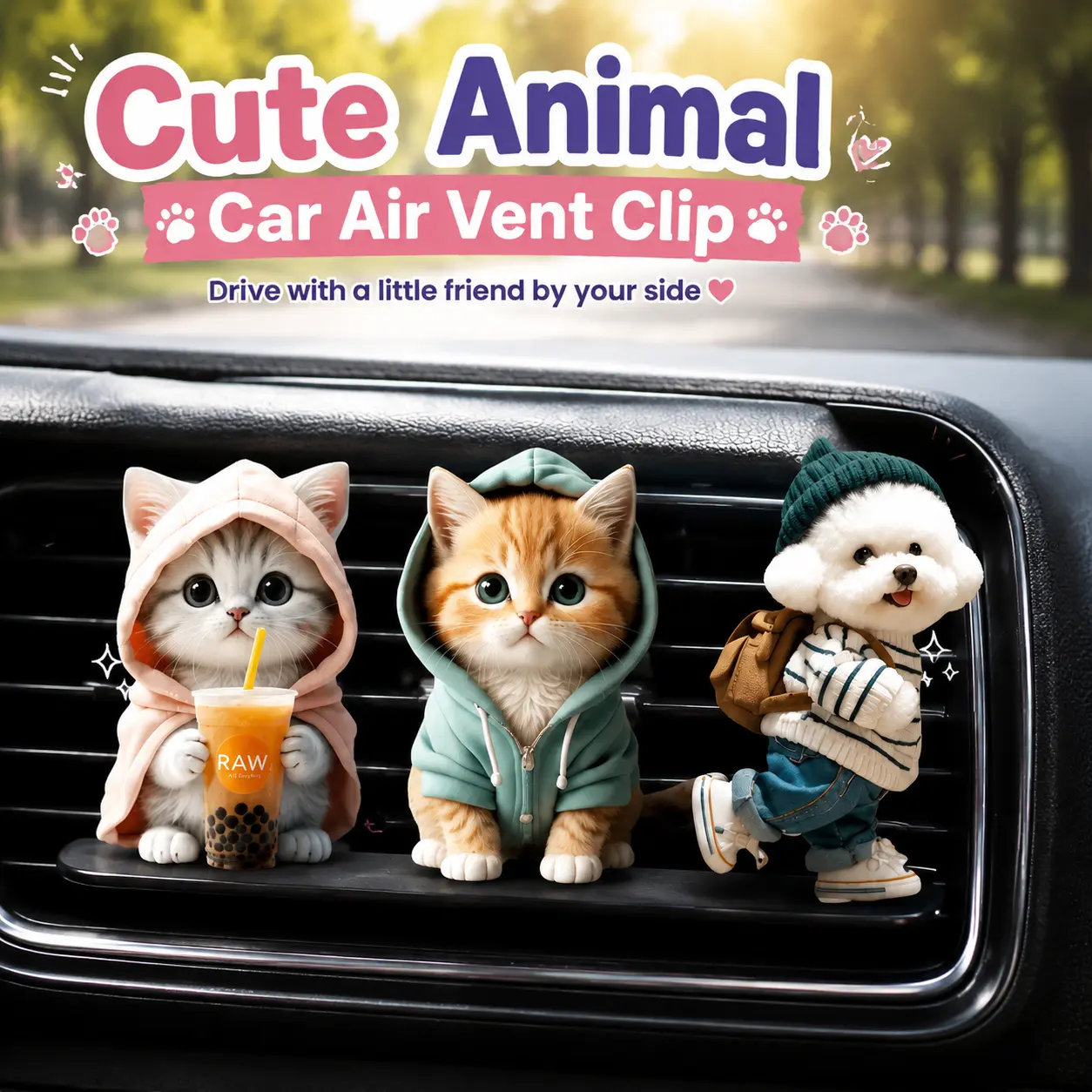Cute Cat Car Air Vent Clip, Kawaii Animal Car Interior Accessory, Mini 3D Character Decoration Gift