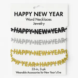 Festive "Happy New Year" Bead Necklaces - Black, Gold, Silver (3-Pack)