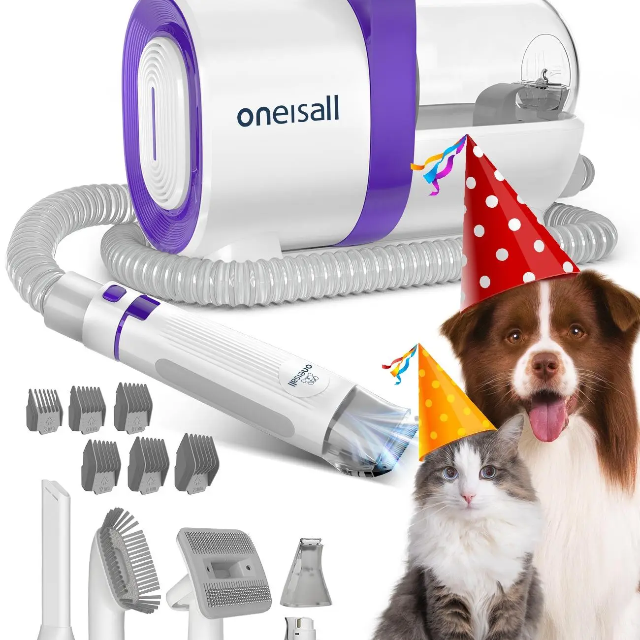 Oneisall Dog Hair Vacuum & Dog Grooming Kit, Pet Grooming Vacuum & Pet Clipper Nail Grinder, 1.5L Dust Cup Dog Brush Vacuum with 6 Pet Grooming Tools
