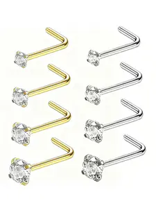 L-Shaped Nose Ring Earring, 316L Surgical Stainless Steel Nose Hoop Jewelry With CZ Stones, Hypoallergenic For Women Men, Size: 1.5mm 2mm 2.5mm 3mm