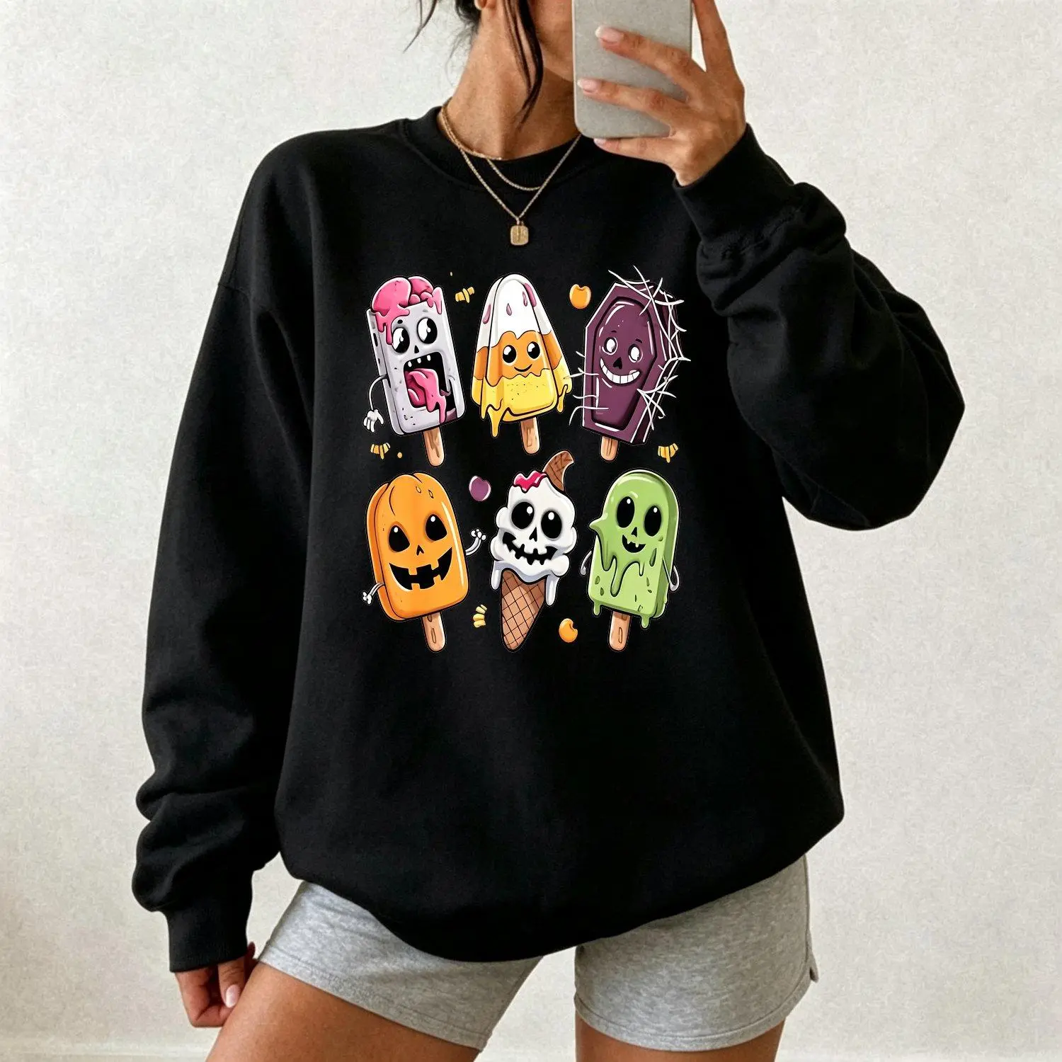 Women's Sports Sweatshirt Black Spooky Popsicle Ice Cream Hawaiian Soft Short Sleeve Crew Neck Mummy Vampire Lollipop Print Like Ice Cream Cone Patterns Casual Summer Party  Machine Washable