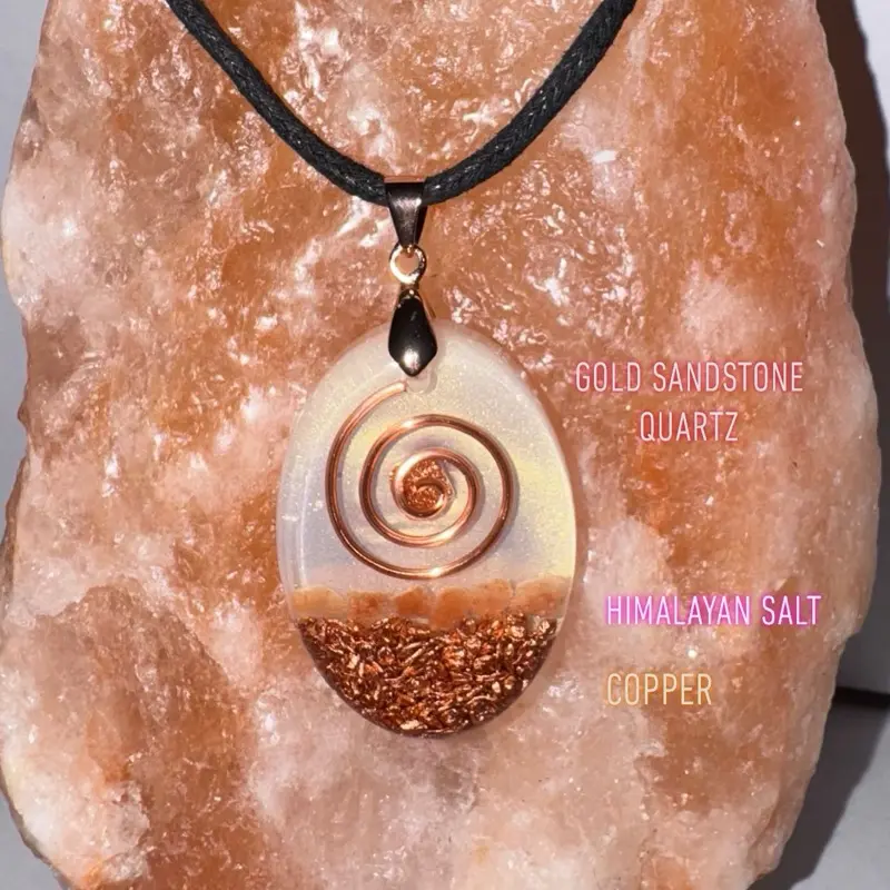 Pearl White Orgone Pendant with Gold Sandstone Quartz Crystal, Copper, Himalayan Salt & Fibonacci Spiral, Grounding Energy Orgonite Pendant