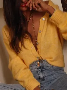 Women's Bright Yellow Cardigan with White Pearl Buttons & Round Neck Soft Fuzzy Knit Sweater for Spring & Daily Wear Casual Loose Fit Top Knitwear Aesthetic Womenswear