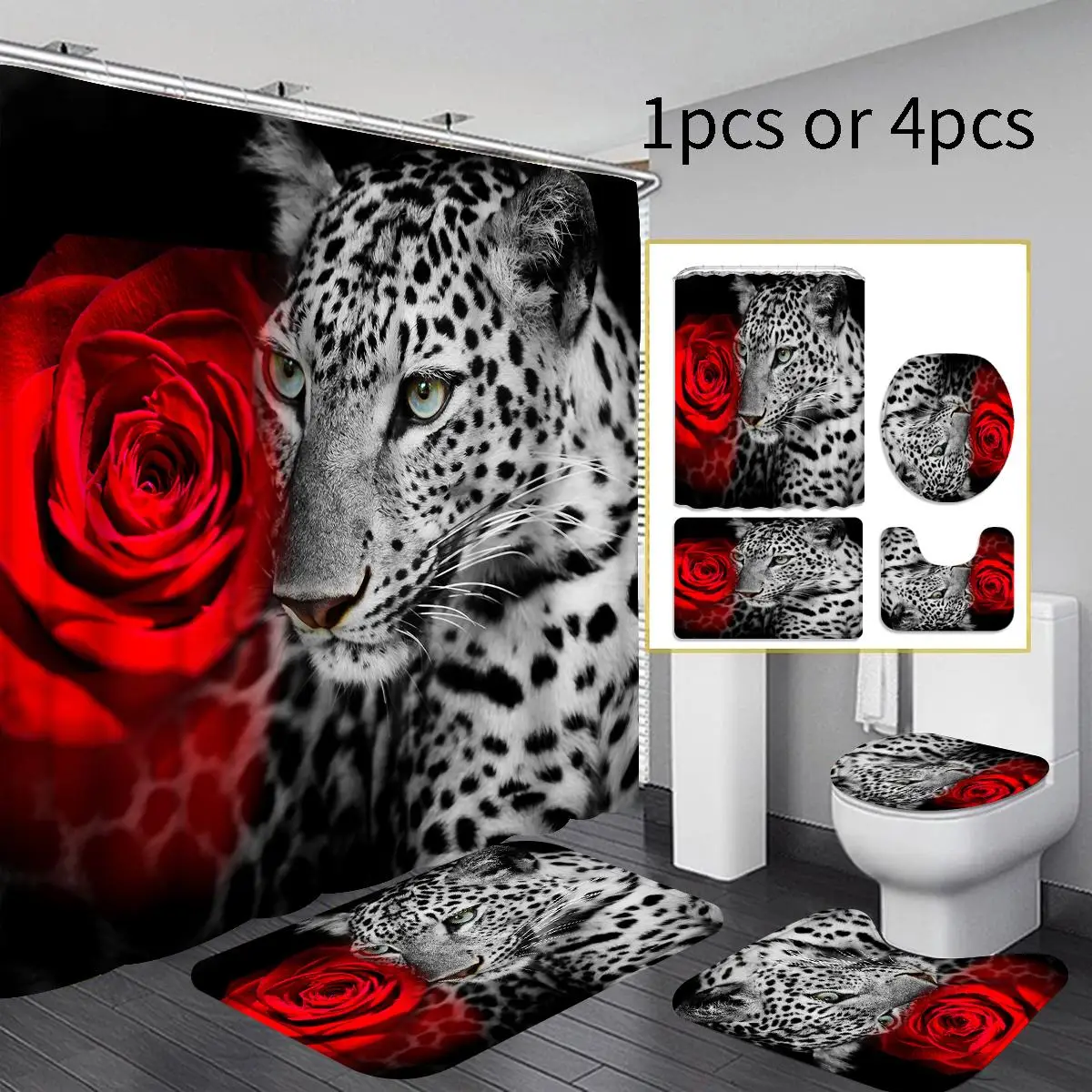 Leopard Print & Rose Pattern Bathroom Curtain and Toilet Mats Set, Anti-slip Bathroom Decor Curtain with Hooks, Shower Curtain Sets, Home Decor Suppli