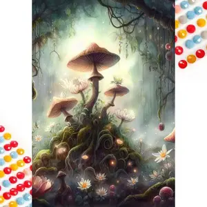 5D DIY Full Drill Round Diamond Art Painting Kit, Mushroom Flower Forest Mosaic, Canvas DIY Decorative Art, Perfect Gift for Birthday