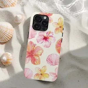 Girly Watercolor Floral Seashell iPhone Case - Trendy Summer Hibiscus Print, Durable & Impact-Resistant, Glossy Finish, UV Protection, No Warranty