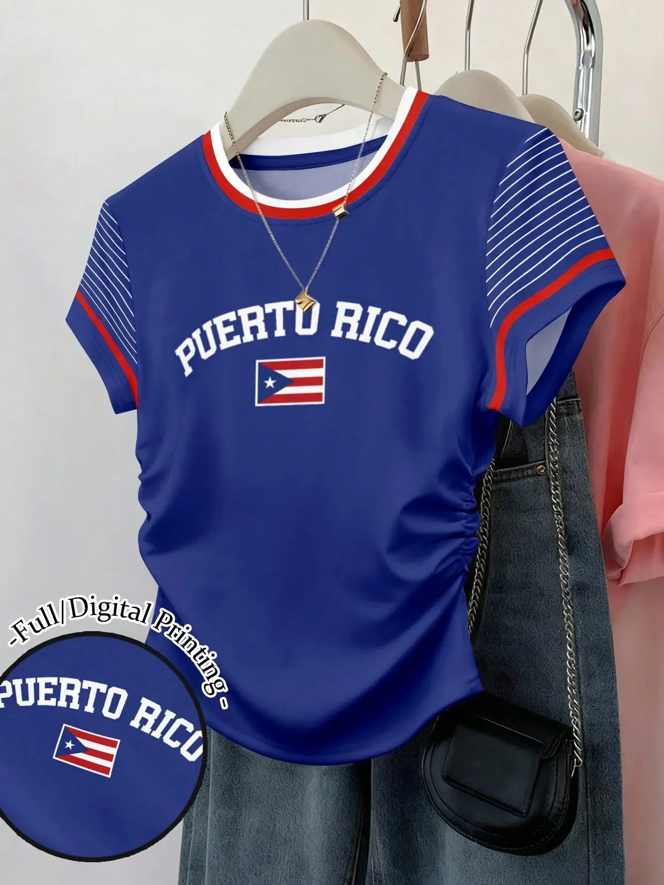 ZESTY Waist Cinched Short Sleeve Fitted Ruched Waist Top Puerto Rico Print Graphic Stripe T-Shirt