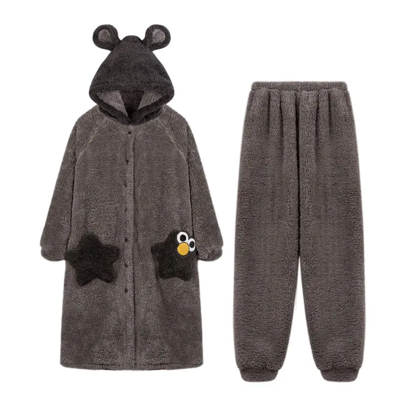 Couple's Matching Coral Fleece Longsleeves Seamless Sleepwear Sets - Cke-Q8820 Female Pajamas, Cke-Q8821 Male Thick Winter Robes, Autumn-Winter Comfortable Loungewear, Cke-Q8820 Female-Cke-Q8821 Male