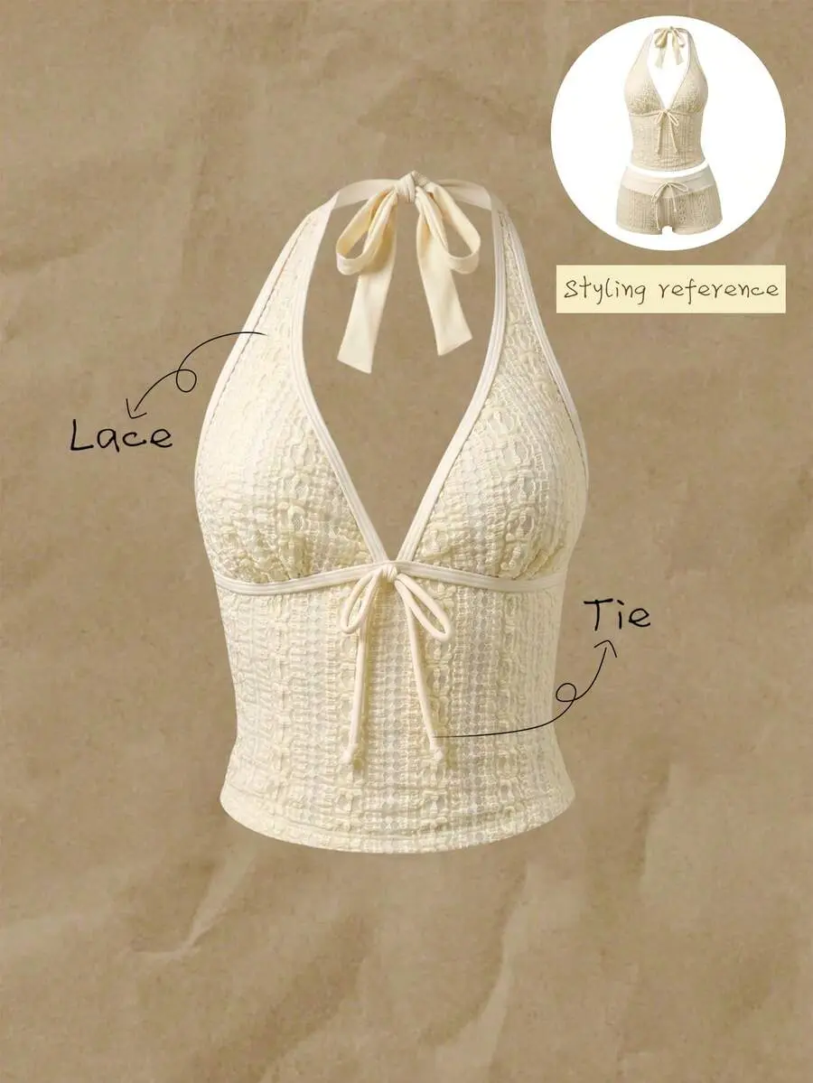 Women's Spring/Summer Random Print Spaghetti Strap Bow Tank Bikini Top