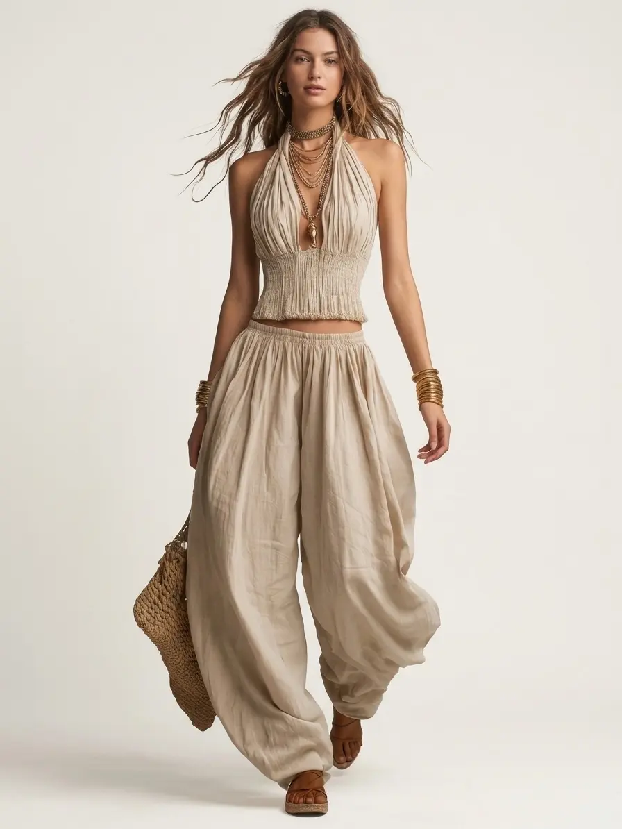 2026 Summer US Streetwear 2 Piece Outfit Women Sleeveless Halter Neck Backless Ruched Crop Tank Top Loose Wide Leg Harem Long Pants Solid Polyester Vacation Loungewear Matching Set Daily Citywalk Outfit S-XXXL