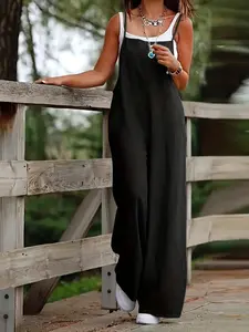 【Plus Size】 Solid Color Sleeveless Cami Jumpsuit without Top, Casual Comfy Jumpsuit for Summer, Women's Plus Clothing for Daily Wear, Overalls