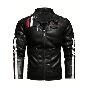Men's Trendy Cycling Jacket With Zipper Pockets, Casual Trendy Washed PU Leather Lapel Zip Up Jacket