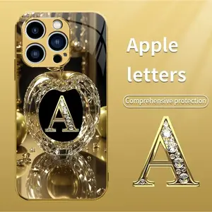 A glass phone case with crystal fruit diamond alphabet pattern, Suitable for iPhone 11, 12, 13, 14, 15, 16, 17 PIUS, Pro, and Promax