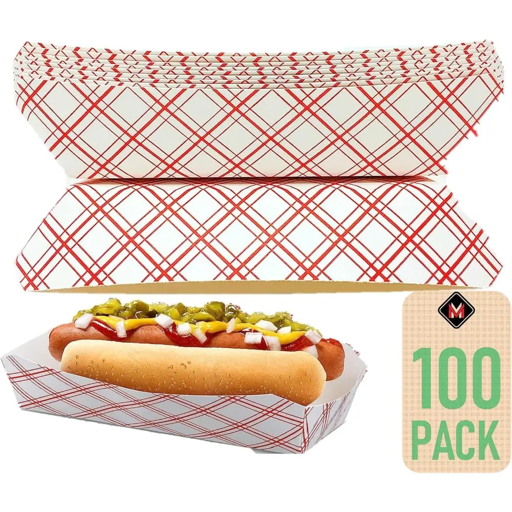 7-In Plaid Red and White Disposable Paper Hot Dog Trays, 100-Pack Eco-Friendly Sturdy Paper Plates - Recyclable, Fully Biodegradable, Made in USA, Ideal for Barbeque, Party