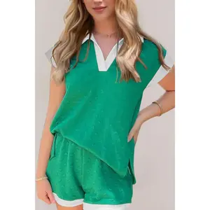 Oh Heart Contrast Trim Johnny Collar Top and Shorts Set