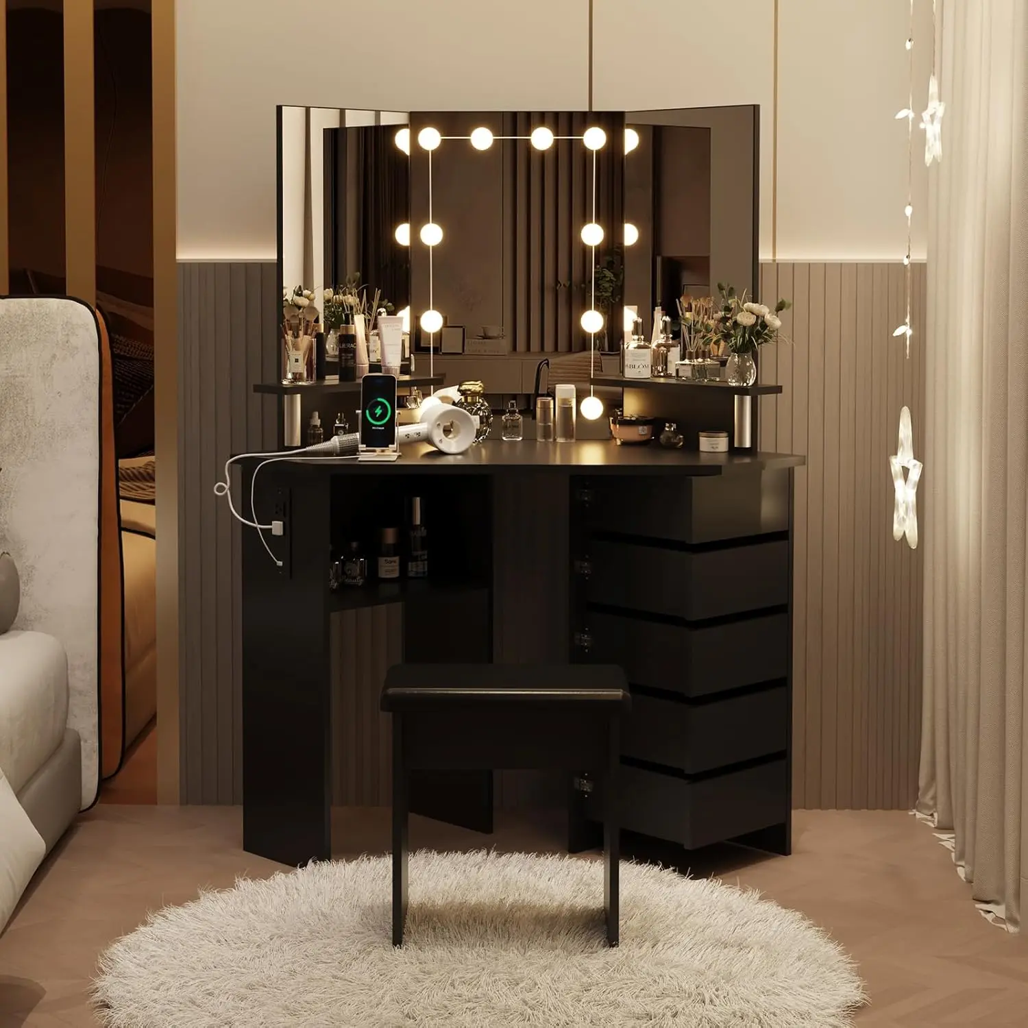 Gaomon LED Illuminated Makeup Vanity Desk with PU Leather Stool - Black Corner Indoor Furniture, 5 Rotating Drawers, 3-Tone LED Lighting, Adjustable Brightness, Power Outlet, Shelves for Women
