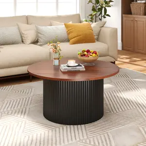 COSTWAY 32" Round Coffee Table, Tambour Design Coffee Tables for Living Room, Mid Century Modern Wood Coffee Table, Drum Accent Small Center Table, LivingRoom Furniture, Bedroom Furniture, Black & Walnut