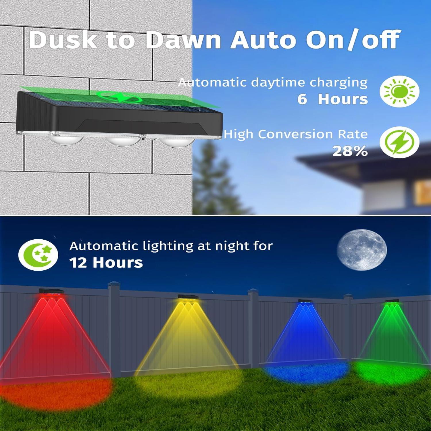 RGB Solar Wall Fence Lights,Synchronously Change Color,Solar Step Lights,Bright Wall Lights,Outdoor Waterproof,Solar Powered Patiio Decor for Wall, Rain,Porch,Backyard,Gaeden.Perfect for holiday decorations fallfreshness