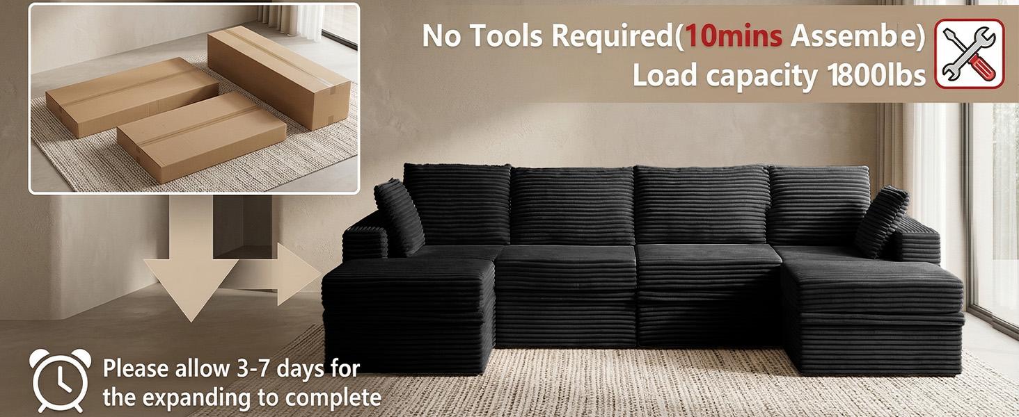 【3 Packages Shipping】NABUMI 142" Modular Sectional Sofa with Storage, Oversized U-Shaped Cloud Couch with Ottoman, 27" Deep Seat Memory Foam Corduroy  6 Seater U Shaped Couch, Free Combination, Tool-Free Assembly, Black BeigeDark Gray Green