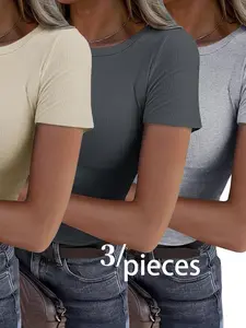 Women's Short Sleeve Crew Neck Ribbed Knit Slim Fit Shirt, Plain Loose-Fitting Soft Tee for All Seasons, Trendy Casual Clothing