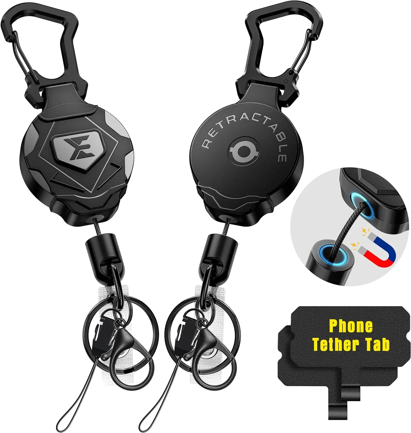 ELV Heavy Duty Retractable Keychain with Magnetic Closure and Carabiner, Retractable ID Badge Holder Clip, Retractable Badge Reel with 31” Dyneema Cord, Key Ring, Lobster Claw Clasp and Phone Tethers