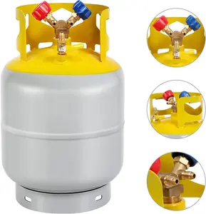 Refrigerant Recovery Tank with Double Valve Collar Design Reusable Save Valve and Collar Design Reusable with 14 Inch SAE Y Valve Yellow Tool Hardware Air Compressor Kit Air Compressor Hose Heavy Duty