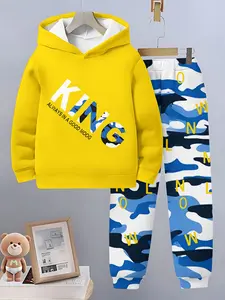 2026 New Boy's King Printed Hoodie Blue Camo Loose Sweatpants Two-Piece Set, Casual Slim Fit Long Sleeve Spring & Fall