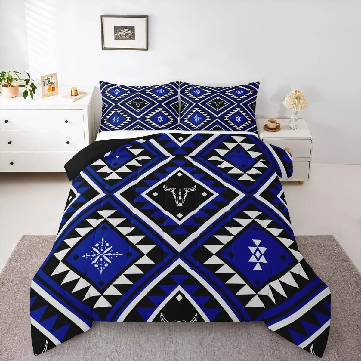 Feelyou Breathable Microfiber Western Comforter Set - Queen, Multi-Size All Over Print Duvets & Sets with Geometric Print, Southwest Bull Skull, Machine Washable Rustic Western Decor for Boho Bedrooms, Multi-Size Sets, Soft