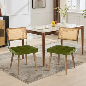 Natural Rattan Dining Chairs Set of 2, Modern Boho Kitchen Chairs with Solid Wood Back & Legs, Upholstered Seat, Ideal for Kitchen or Dining Room, PU Leather