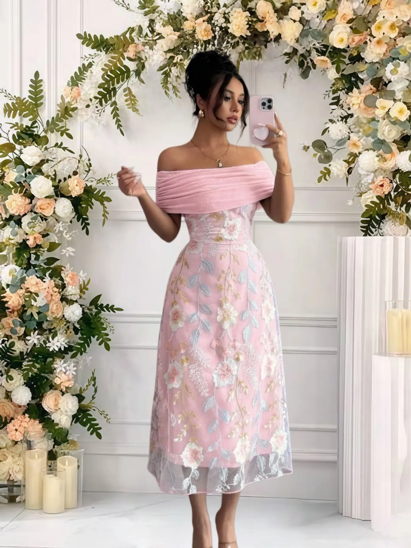 Elegant Floral Mesh One-Shoulder Dress for Women, Floral Body Con Slim-Fitting All-Seasons Fashion, 7963 Model, Perfect for Special Occasions, Formal Wear, Dresses for Party