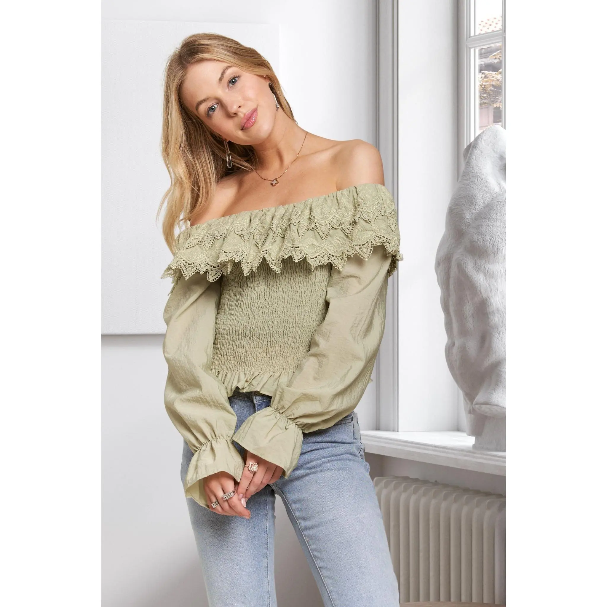 ADORA Smocking Blouse with Eyelet Lace Ruffle Off the Shoulder Nylon Shirts for Women - Stretchy & Feminine Casual Top
