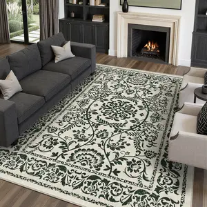 PureCozy Washable Floral Area Rug  Beige /Black and whiteLiving Room Carpet Scalloped Flower Non Slip Soft Bedroom Rug Farmhouse Low Pile Thin Indoor Floor Cover for Office Dining Room Kitchen Bathroom