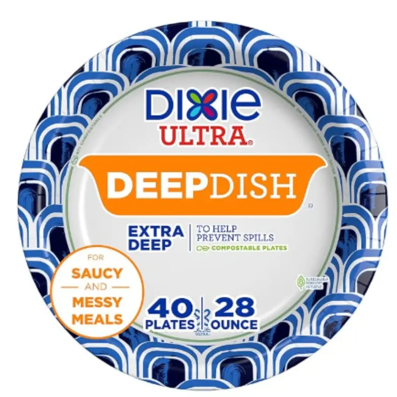 Dixie Ultra Deep Dish Paper Plates 28 Oz 40 Count Heavy Duty Microwave Safe Soak Proof Cut Resistant Disposable for Saucy Messy Meals Extra Deep Compostable 11 1/2in Large Plate 34oz Big Bowl