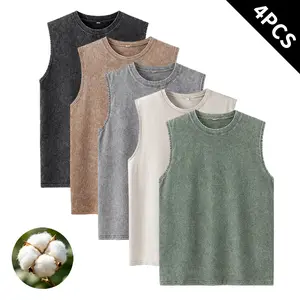 4PCS Men’s 100% Cotton Vintage Washed Sleeveless Tank Tops, Oversized Streetwear Muscle Shirts