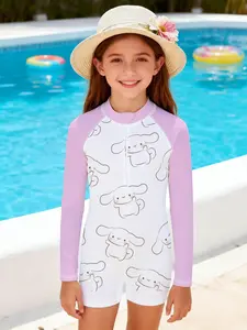 Girls' Sun Protection One-Piece Swimsuit Soft and Cute Cinnamoroll Style with Pink Sleeves, White Base, Simple Cute Rabbit Print, Long Sleeve Coverage, The long-sleeve design prevents sun exposure while playing in water