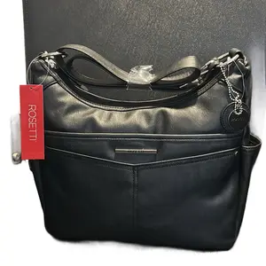 Rosetti Black Leather Hobo Bag with Adjustable Strap and Zipper Closure for Everyday Use