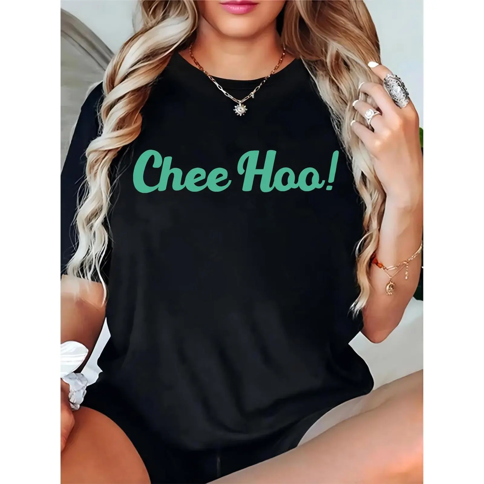 Women's Black Chee Hoo! Graphic T - Shirt Casual Daily Party Beach Short Sleeve Top for Women Ladies Girls