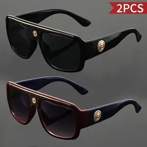 2 Pcs Vintage Men Square Large Frame Metal Head Decoration Glasses Lightweight Unisex Beach Travel Casual Daily Wear Festival Gift