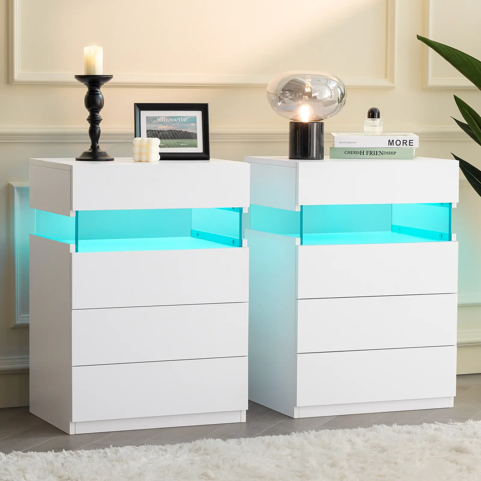 i-aplus White LED Night Stand Set of 2 , 4 Drawers Bedside Table, App Dimmable LED Lights with Storage Shelf for Bedroom