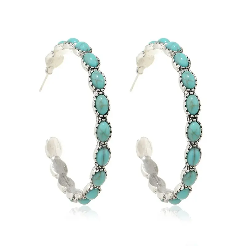 Bohemian Drop Earrings - Vintage Turquoise Oval Flower Embellished, Geometric Ethnic Teardrop Western Cowgirl Style Statement Hoops for Daily Wear, Costume Jewelry Accessory