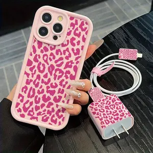 Leopard Print iPhone Case Set for iPhone 15-16, 5-piece Accessory Bundle, Includes Charger Head and Cable Protectors
