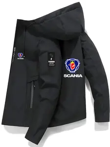 Men's Fashion Jacket with Scania Logo, Stylish Zipper Pockets, Casual Hooded Design, Polyester Material, Spring & Fall Wear