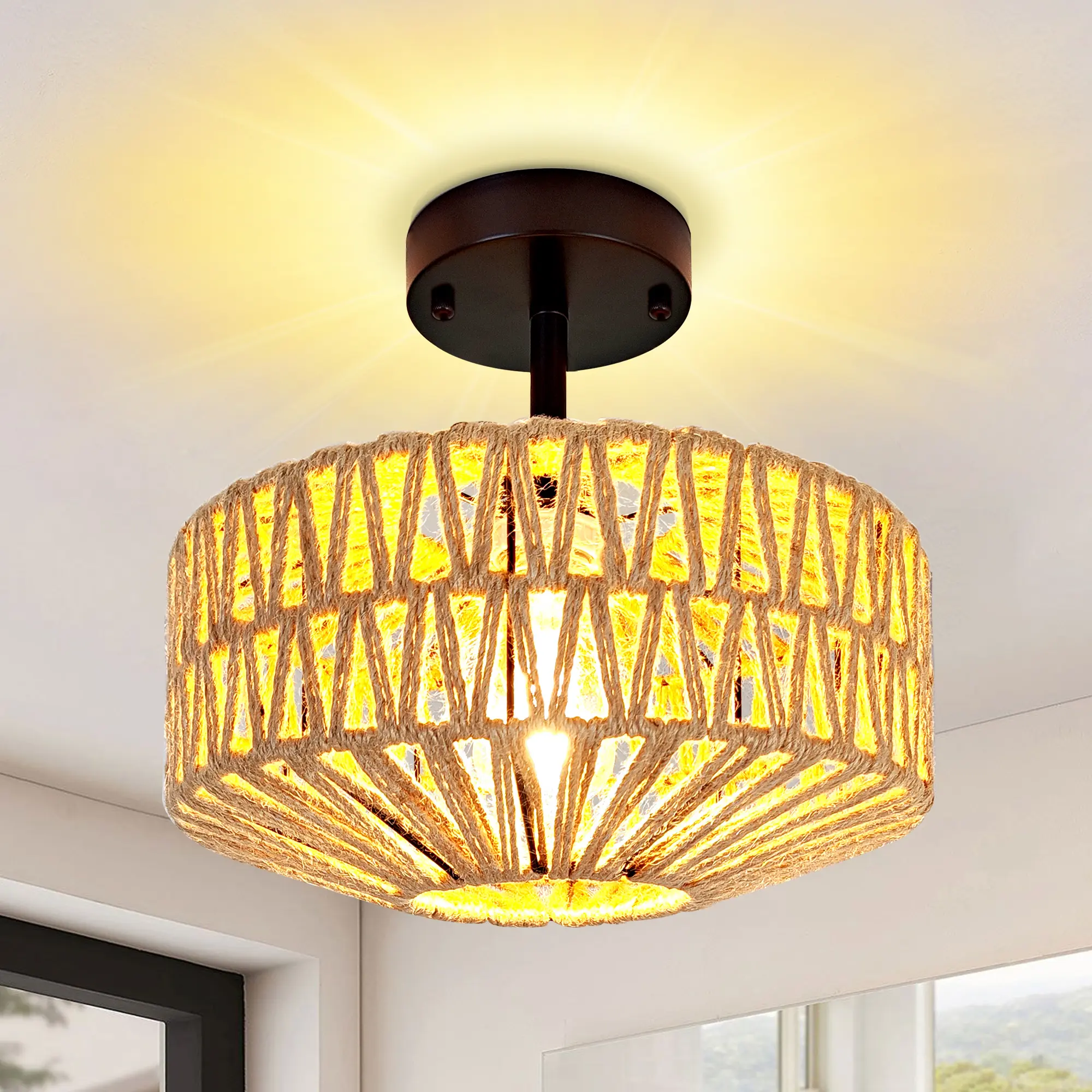 Handmade Hemp Rope Ceiling Light, E26 Base Rustic Flush Mount Indoor Light Fixture, Elegant Woven Natural Fiber Ceiling Lamp, Boho Farmhouse Decorative Light for Bedroom, Living Room, Hallway, Dining Room