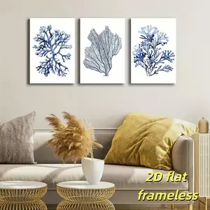 3 pieces of coral and seaweed, plant printing, sea wall decoration, navy blue art, minimalism, watercolor, home room decoration, 2D flat printing frameless painting