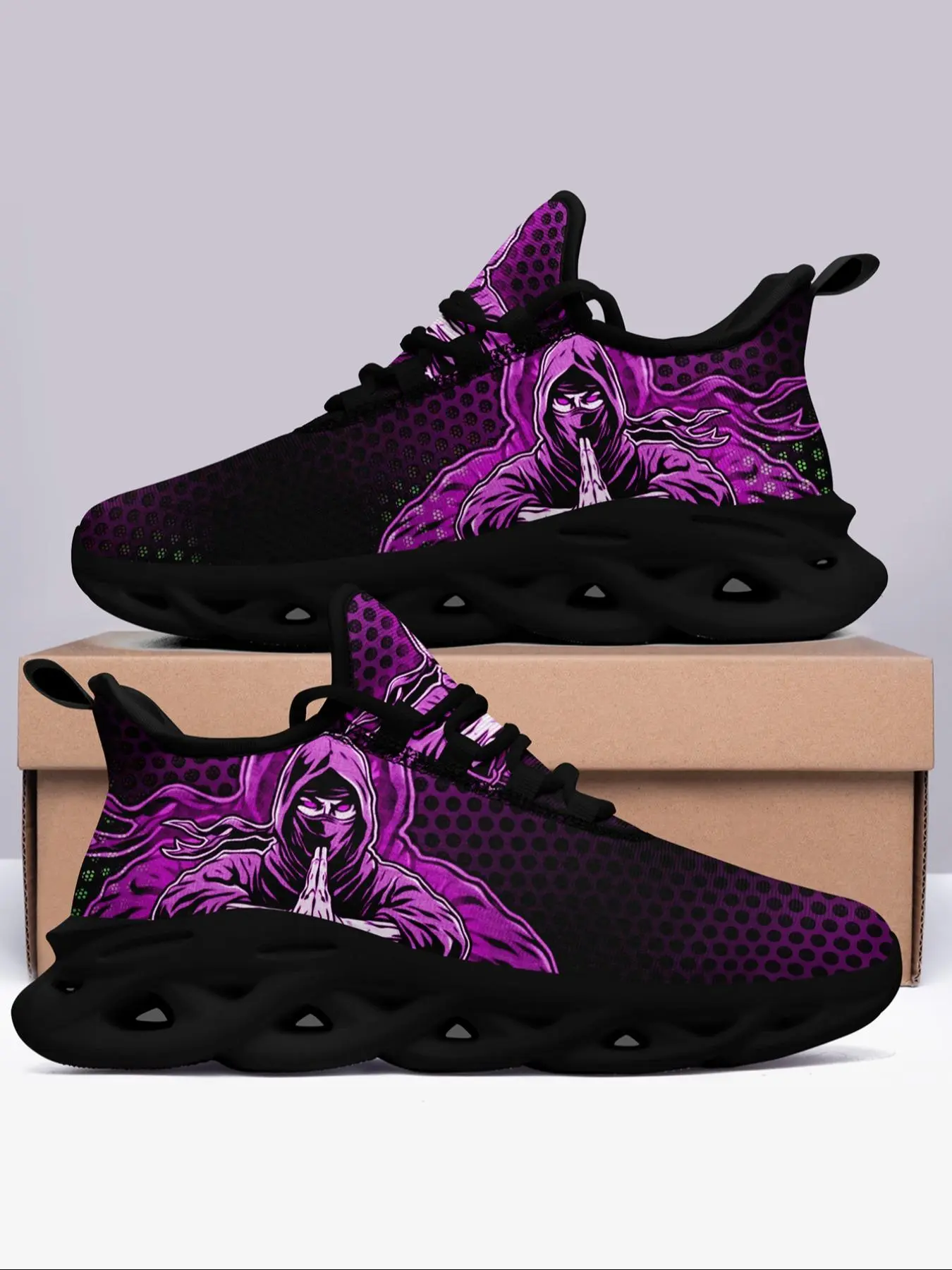 Men's Cartoon Figure Print Lace Up Low Top Chunky Sneakers, Casual Comfortable Breathable Sports Running Shoes, Male All-match Round Toe Shoes for Daily Wear