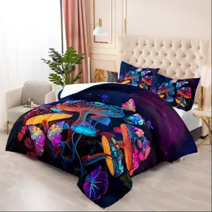 2D Print Mushroom Pattern Bedding Set, Soft Breathable Polyester Fabric, All-Season Use, Includes 1 Fitted Sheet + 2 Pillowcases