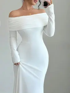 bloobel Women's Basic Off-Shoulder Long-Sleeve Maxi Dress - 100% Polyester, Moderate Stretch, Summer Formal Style, Women's Clothes, Clothes, Machine Wash Cold, Tumble Dry Low