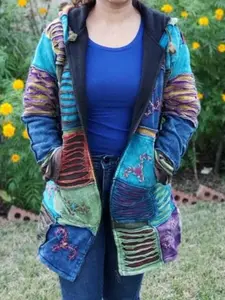 Namaste Printed Women's Fashionable Cutting Design Multicolor Hippie Cotton Hoodie Handmade Jacket